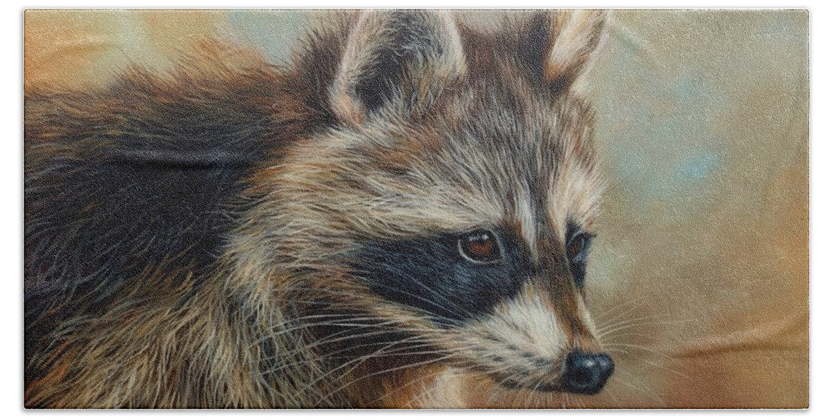Raccoon Hand Towel featuring the painting Raccoon by David Stribbling