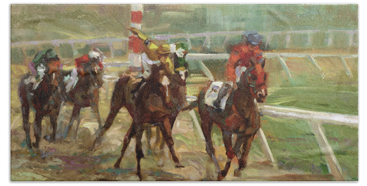 Horse Hand Towel featuring the painting Race is On by Laurie Snow Hein