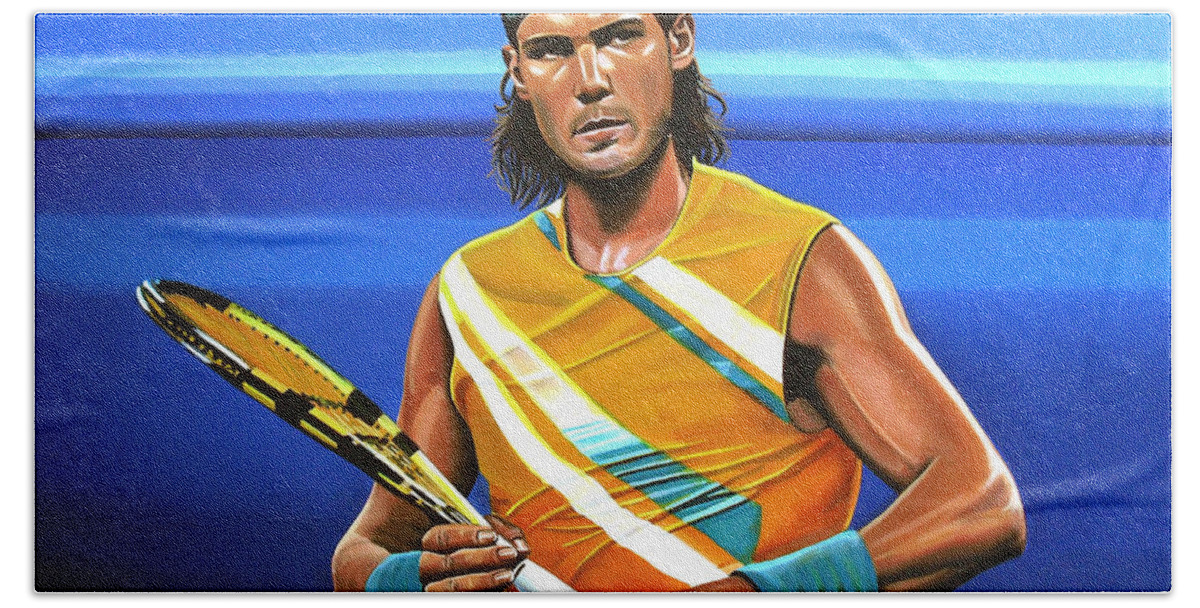 Rafael Nadal Bath Towel featuring the painting Rafael Nadal by Paul Meijering