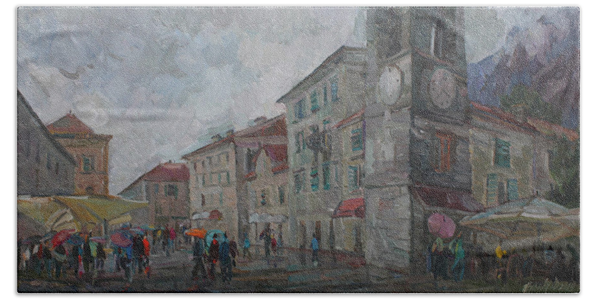 Montenegro Bath Towel featuring the painting Rain in Kotor by Juliya Zhukova