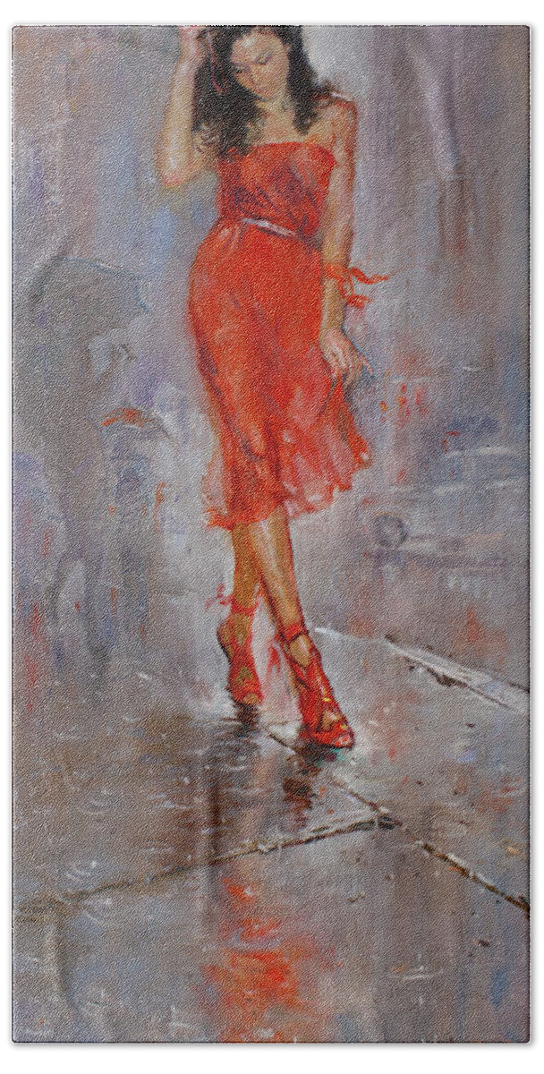 Rain Hand Towel featuring the painting Rain in Manhattan by Ylli Haruni