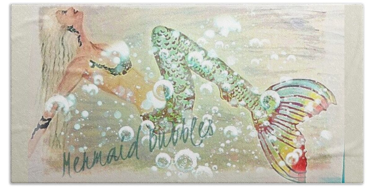 Rainbow Mermaid Hand Towel featuring the mixed media Rainbow Mermaid Bubbles by Pamela Smale Williams