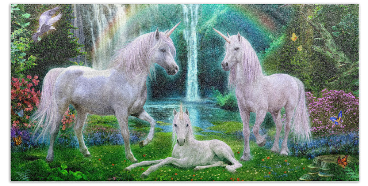 Animals Hand Towel featuring the digital art Rainbow Unicorn Family by MGL Meiklejohn Graphics Licensing