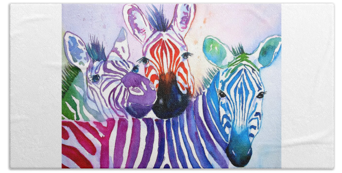 Zebra Hand Towel featuring the painting Rainbow Zebra's by Carlin Blahnik CarlinArtWatercolor
