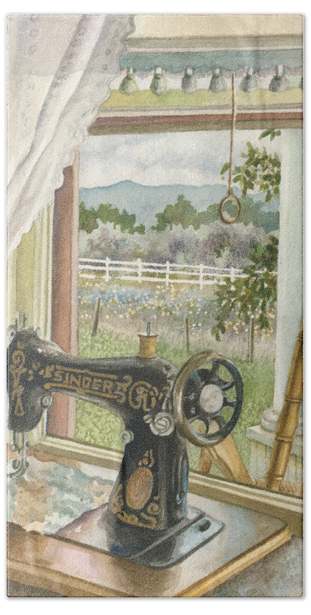 Sewing Machine Painting Hand Towel featuring the painting Rainy Day on the Old Farm by Anne Gifford