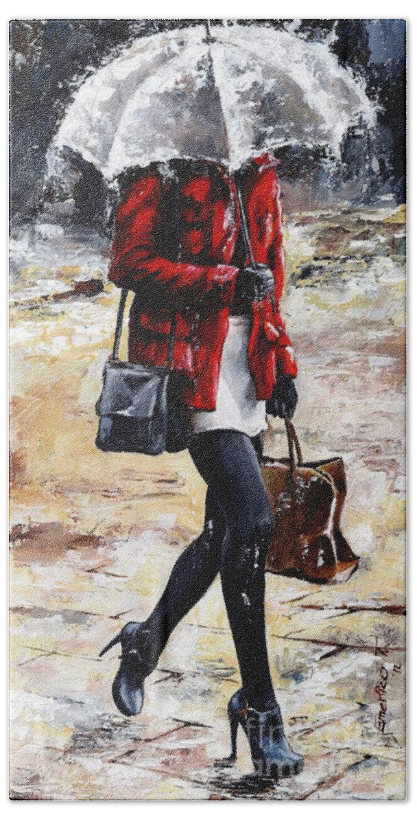Rain Bath Towel featuring the painting Rainy day - Woman of New York 09 by Emerico Imre Toth