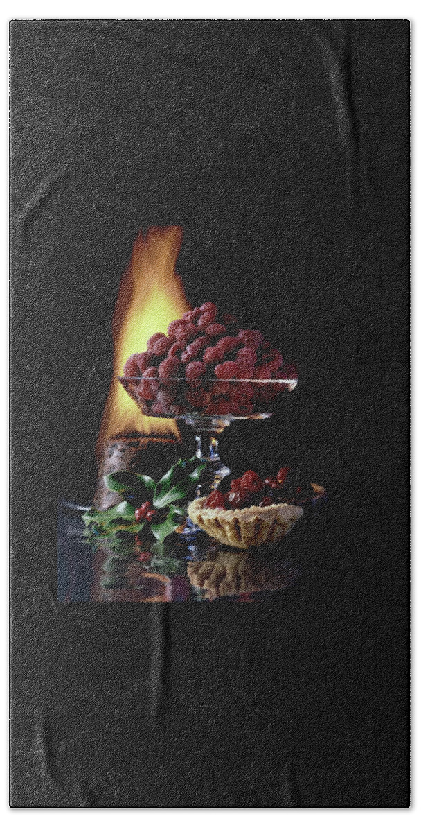 Raspberries In A Glass Serving Dish With Tarts Bath Towel