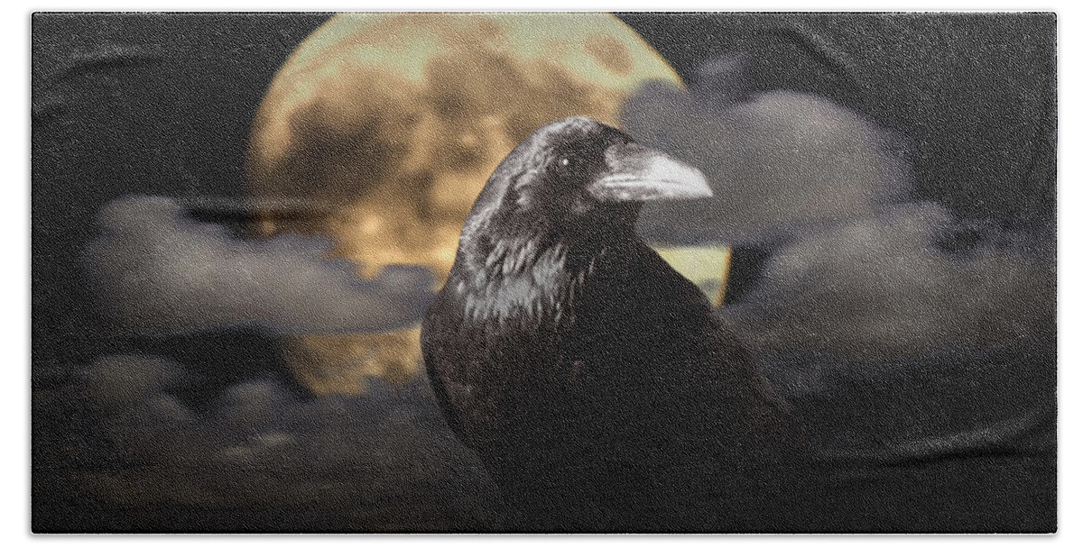 Art Bath Towel featuring the photograph Raven under the Harvest Moon by Randall Nyhof