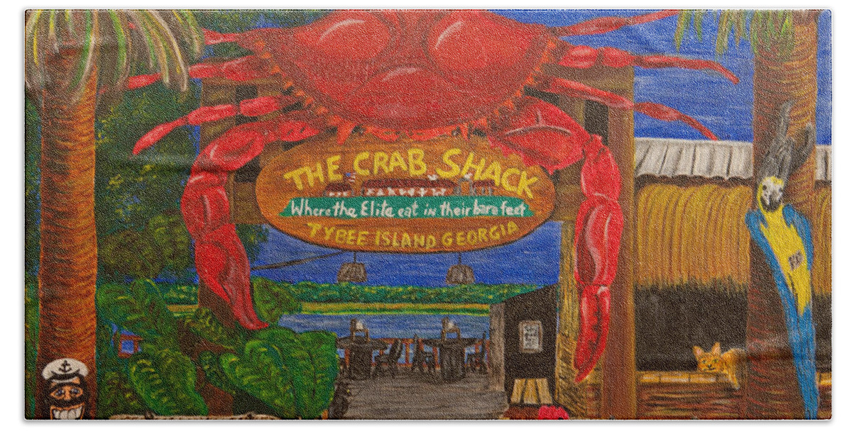 Crab Shack Bath Towel featuring the painting Ready for the Day at The Crab Shack by Susan Cliett