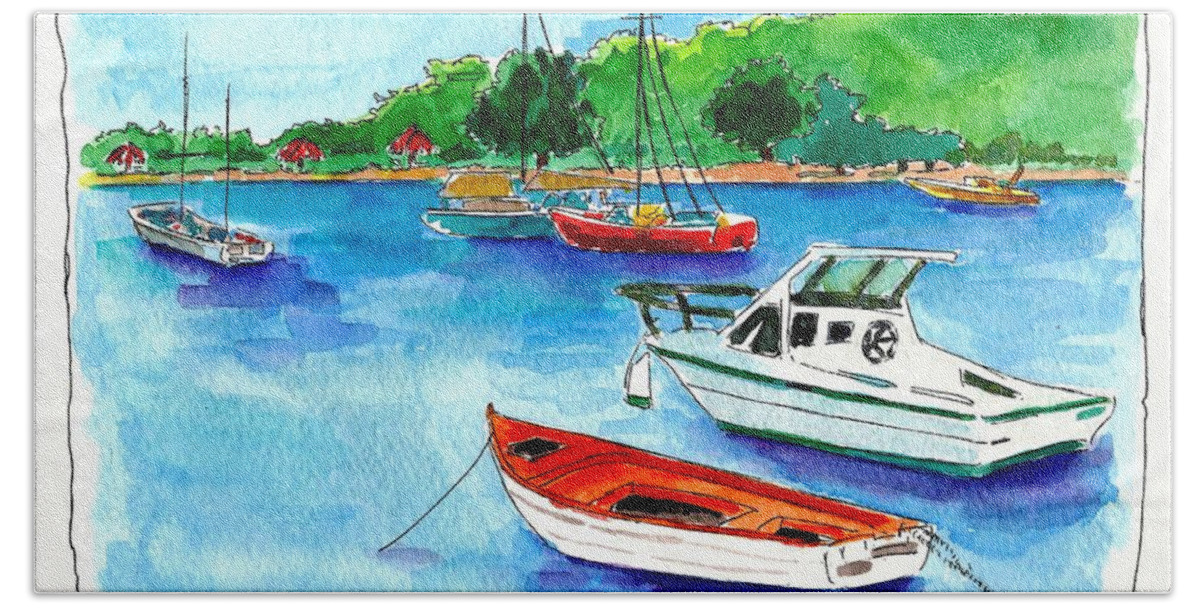 Boats Hand Towel featuring the painting Ready to Go by Adele Bower