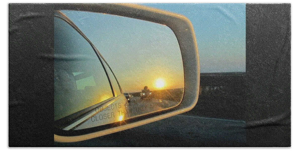 Rear View Mirror Sunset Hand Towel featuring the photograph Rear View Sunset by Deborah Lacoste