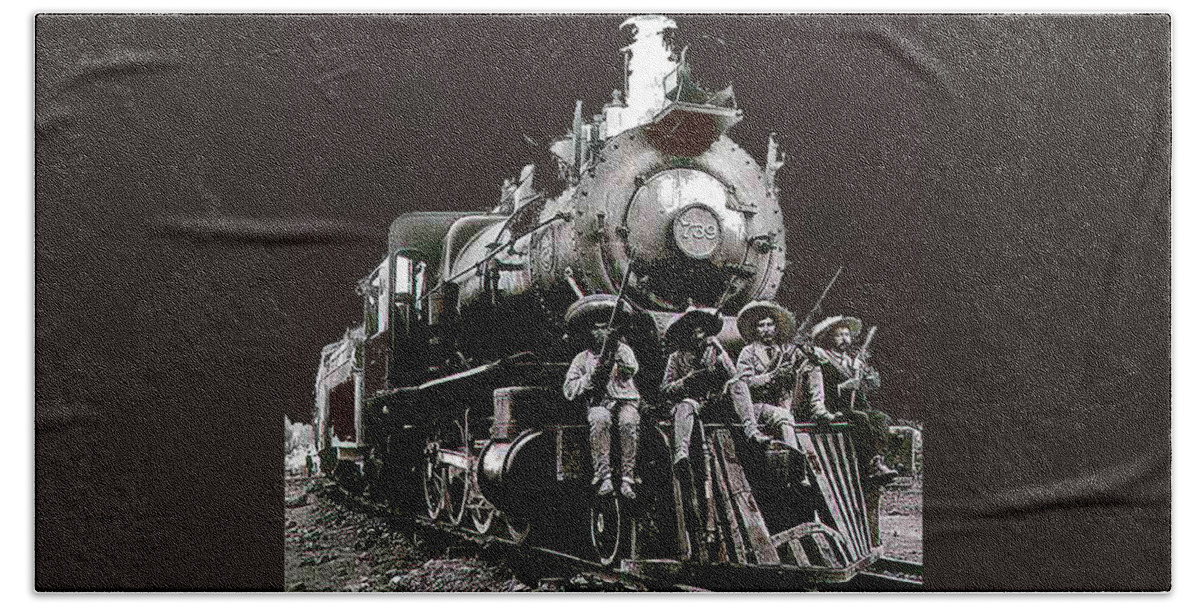 Rebel Soldiers Perched On Railroad Engine No Known Location Or Date Bath Towel featuring the photograph Rebel soldiers perched on railroad engine no known location or date-2014 by David Lee Guss