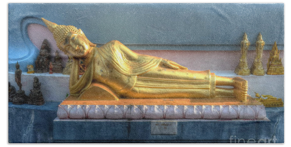 Michelle Meenawong Bath Towel featuring the photograph reclining Buddha by Michelle Meenawong
