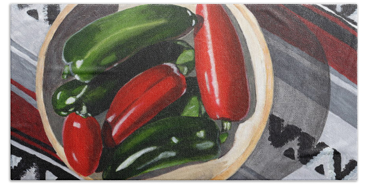 Red Peppers Hand Towel featuring the painting Red and Green Peppers by Laura Forde