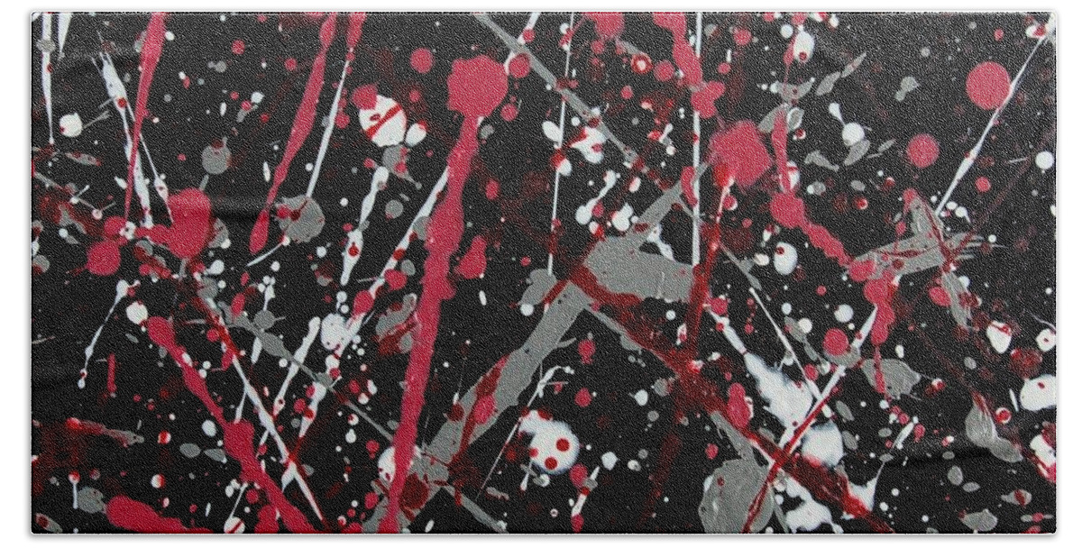 Linda Brody Hand Towel featuring the painting Red and Grey Paint Splatter II by Linda Brody