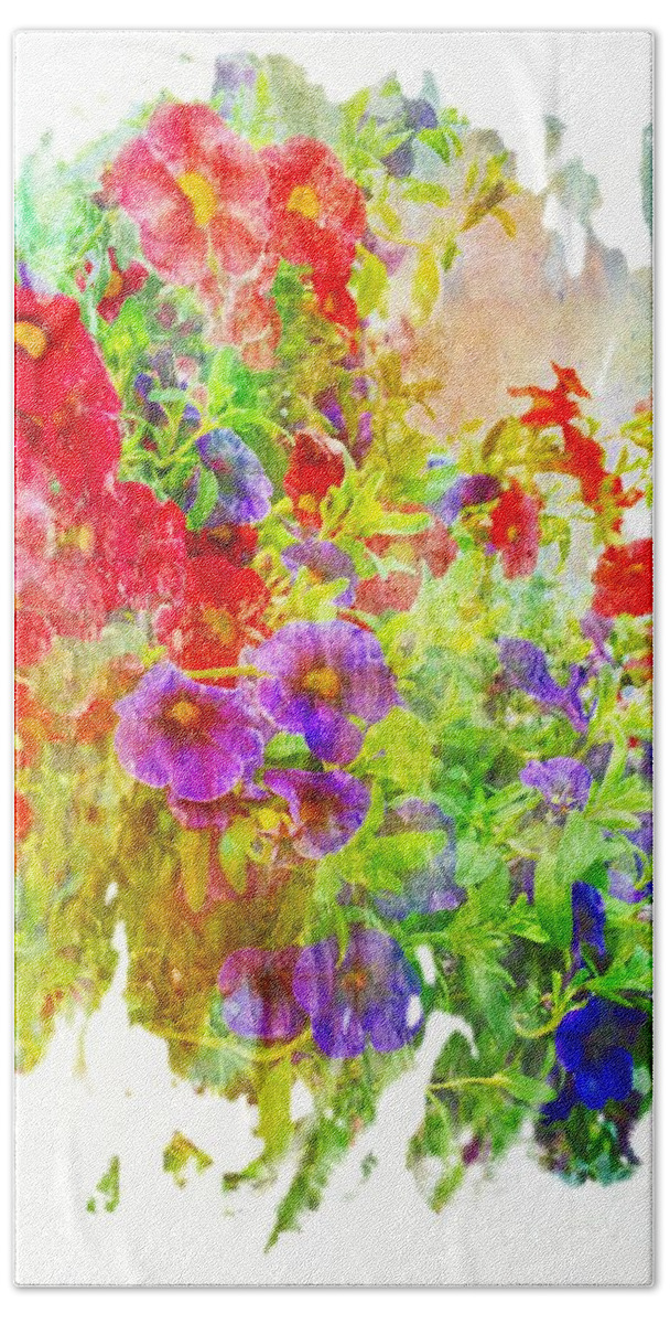 Flower Bath Towel featuring the photograph Red and Purple Calibrachoa - Digital Paint II by Debbie Portwood