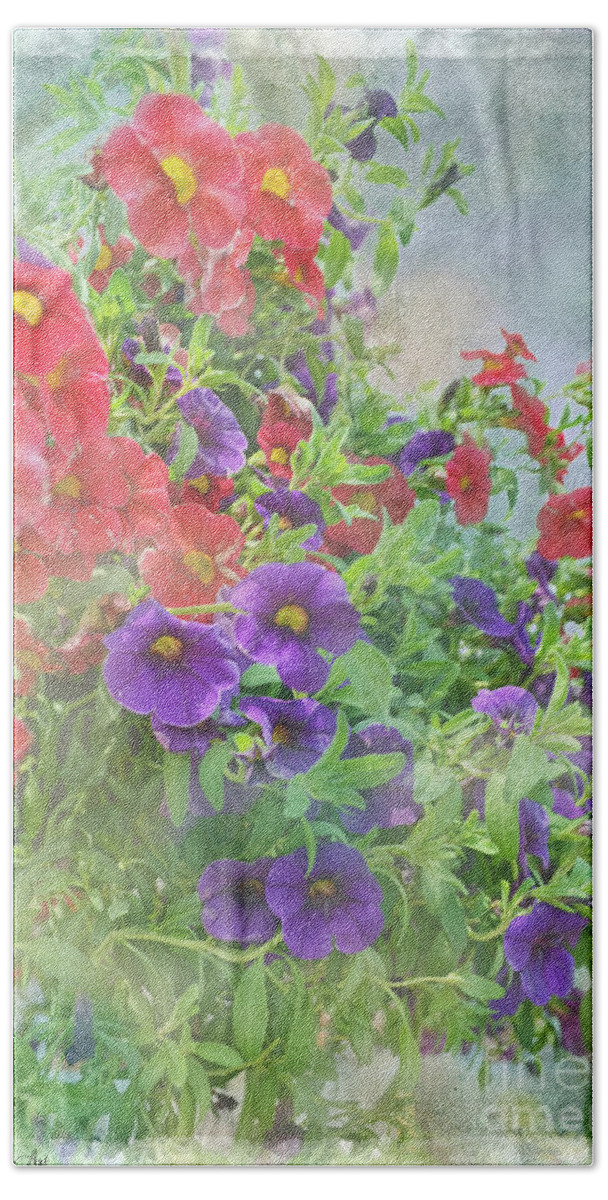 Flower Bath Towel featuring the photograph Red and Purple Calibrachoa by Debbie Portwood