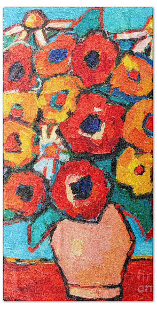 Poppies Bath Towel featuring the painting Red And Yellow Poppies And Some Daisies by Ana Maria Edulescu