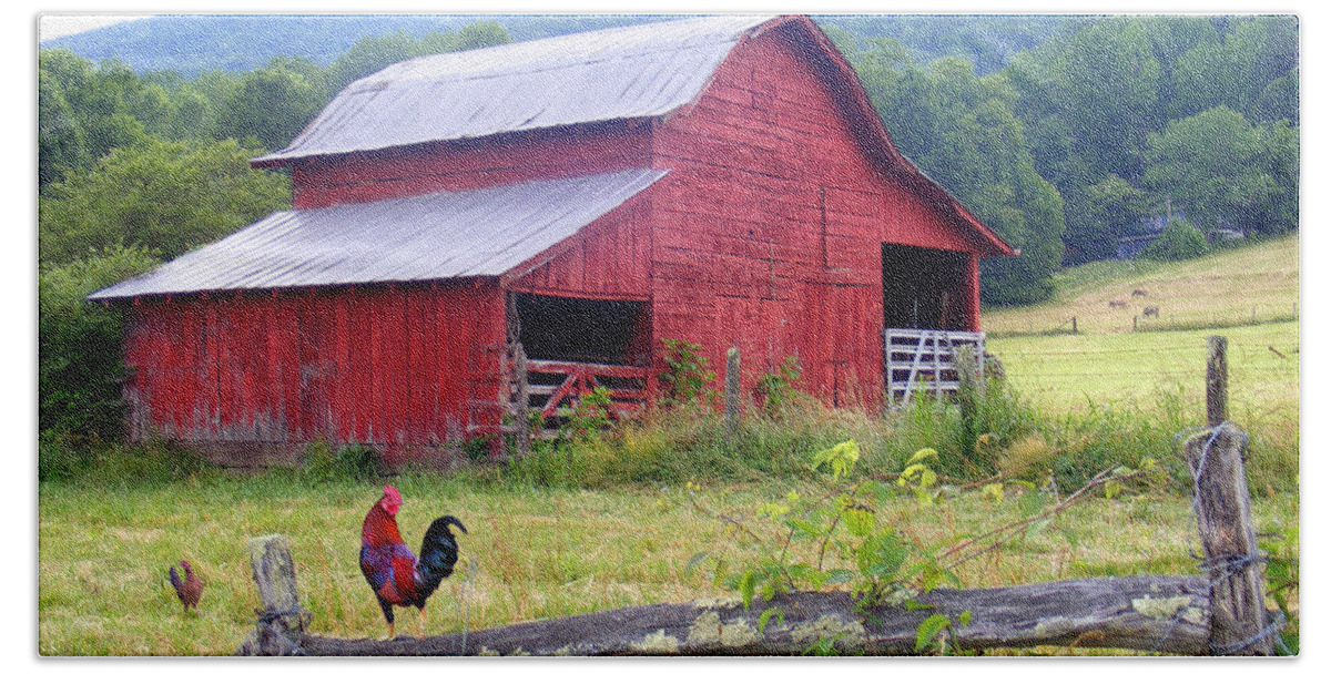 Duane Mccullough Bath Towel featuring the photograph Red Barn and Rooster by Duane McCullough