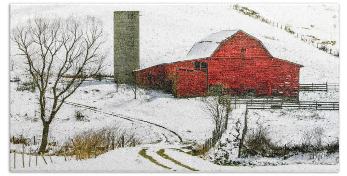 Snow Hand Towel featuring the photograph Red Barn in Snow by John Haldane