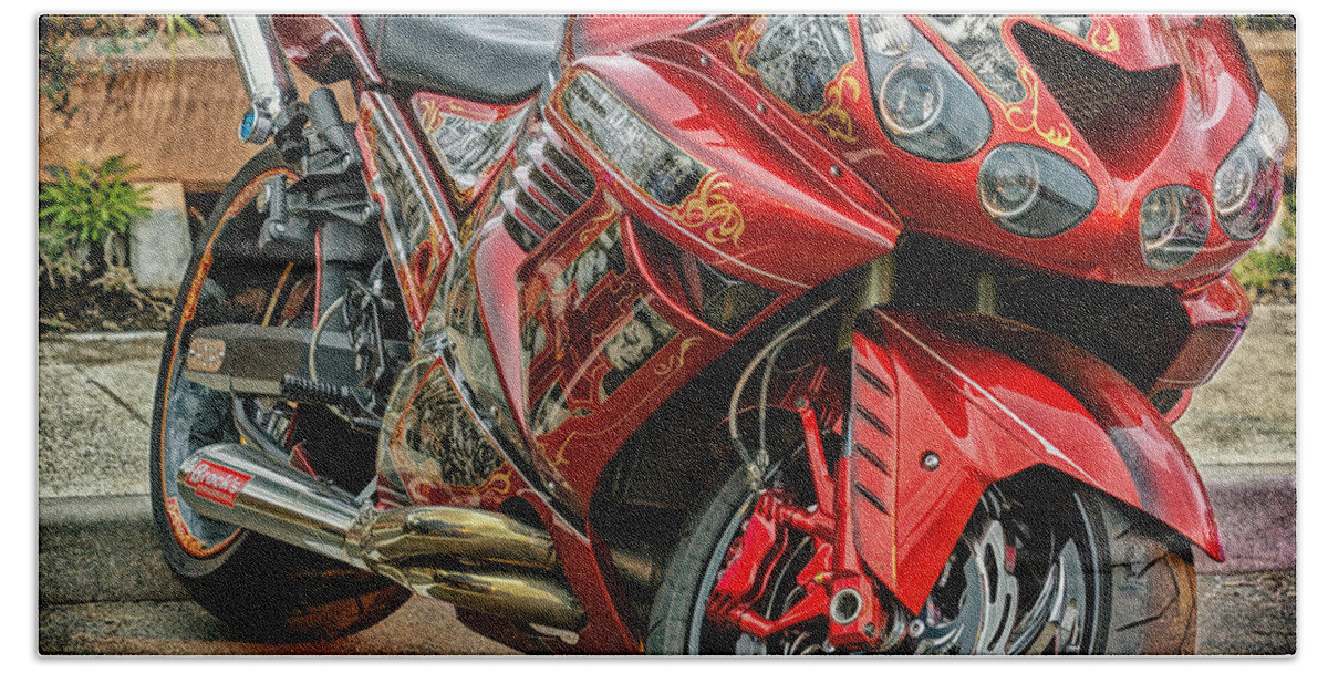 Motorcycle Speed Power Sport Bike Motorbike Motor Transportation Race Engine Wheel Vehicle Biker Competition Illustration Helmet Vector Road Extreme Fast Rider Cycle Drive Fun Black Car Transport Freedom Motorsport Ride Hand Towel featuring the photograph Red Bike by John Swartz