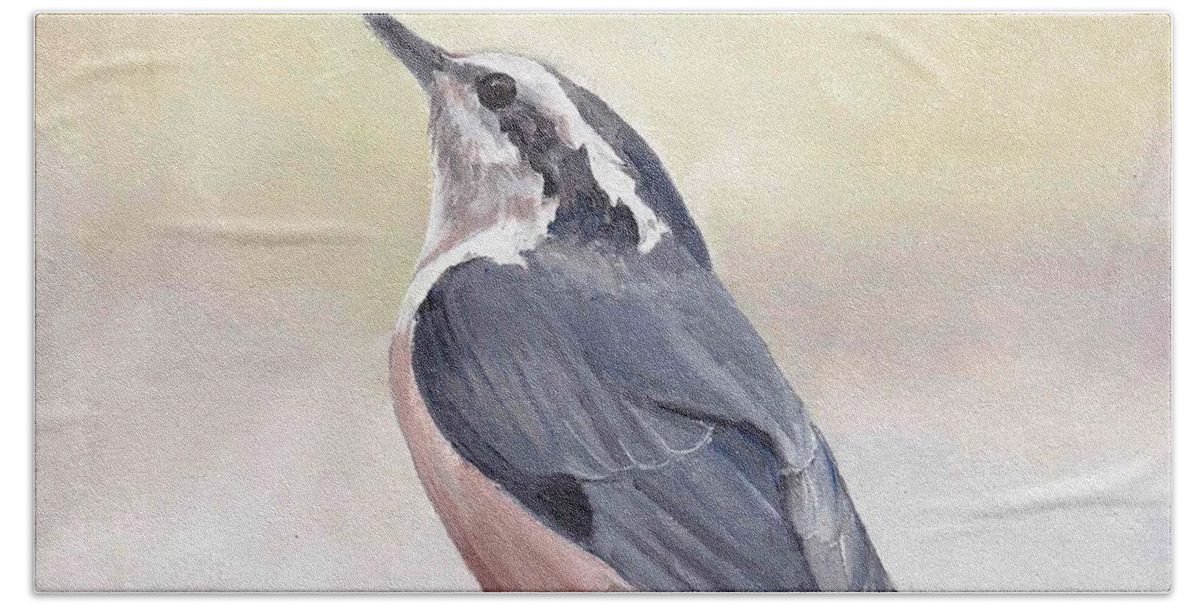 Bird Art Bath Towel featuring the painting Red Breasted Nuthatch by Charlotte Yealey