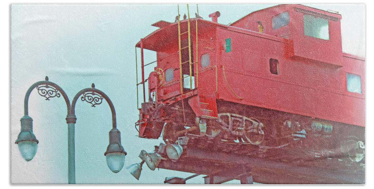 Caboose Bath Towel featuring the photograph Red Caboose in the Sky2 by Bonnie Willis