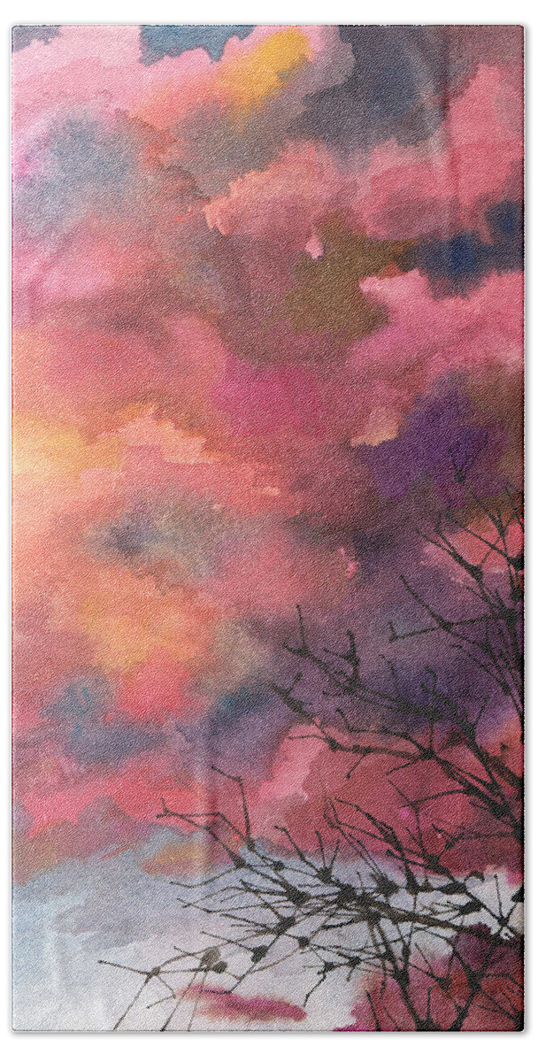 Sunset Painting Hand Towel featuring the painting Red Clouds with Twig Tree by Anne Gifford