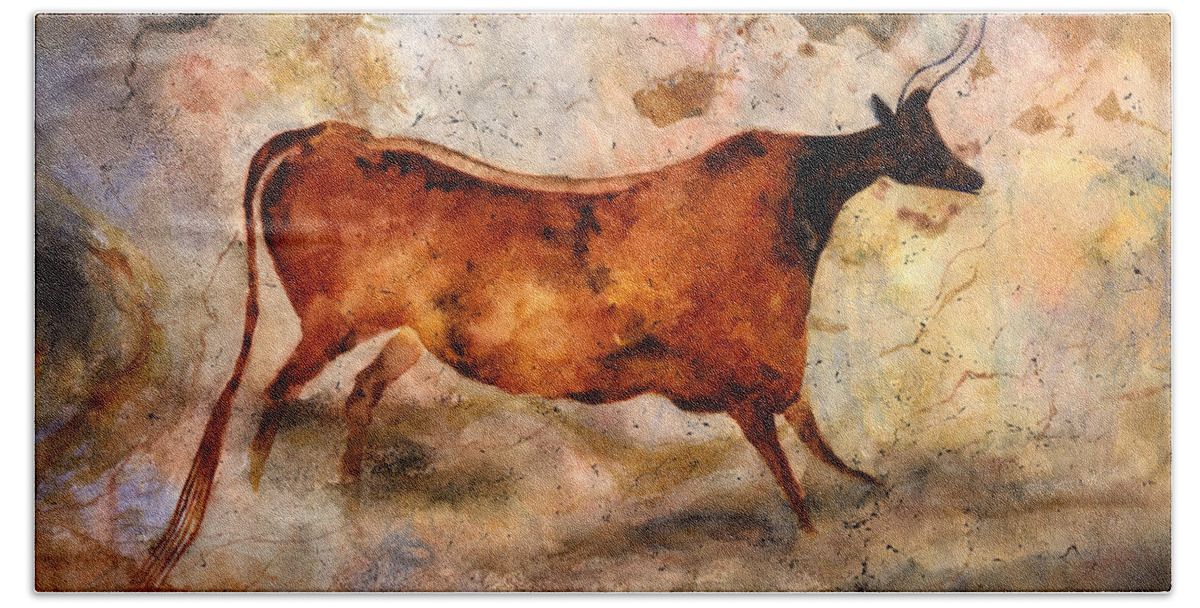 Cave Hand Towel featuring the painting Red Cow by Hailey E Herrera