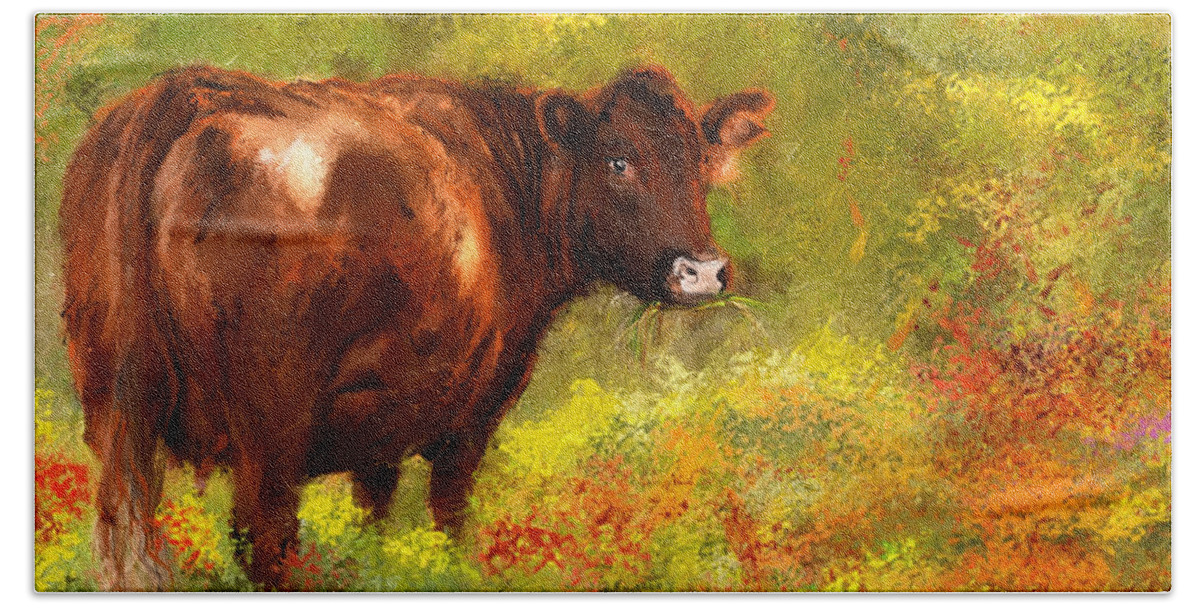 Red Devon Cattle Hand Towel featuring the painting Red Devon Cattle - Red Devon Cattle in a Farm Scene- Cow Art by Lourry Legarde