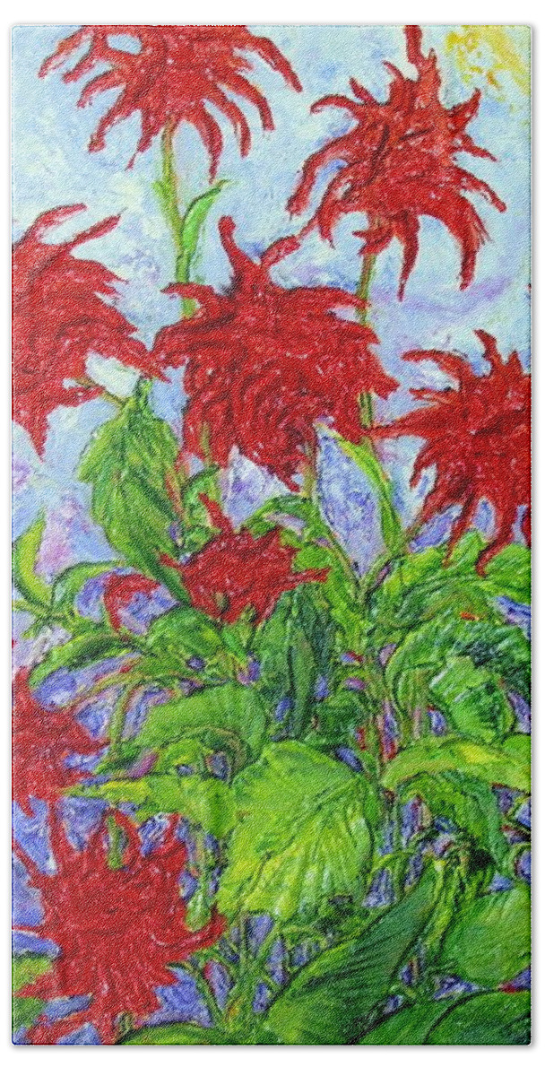 Bee Balms Hand Towel featuring the painting Red Bee Balms by Paris Wyatt Llanso