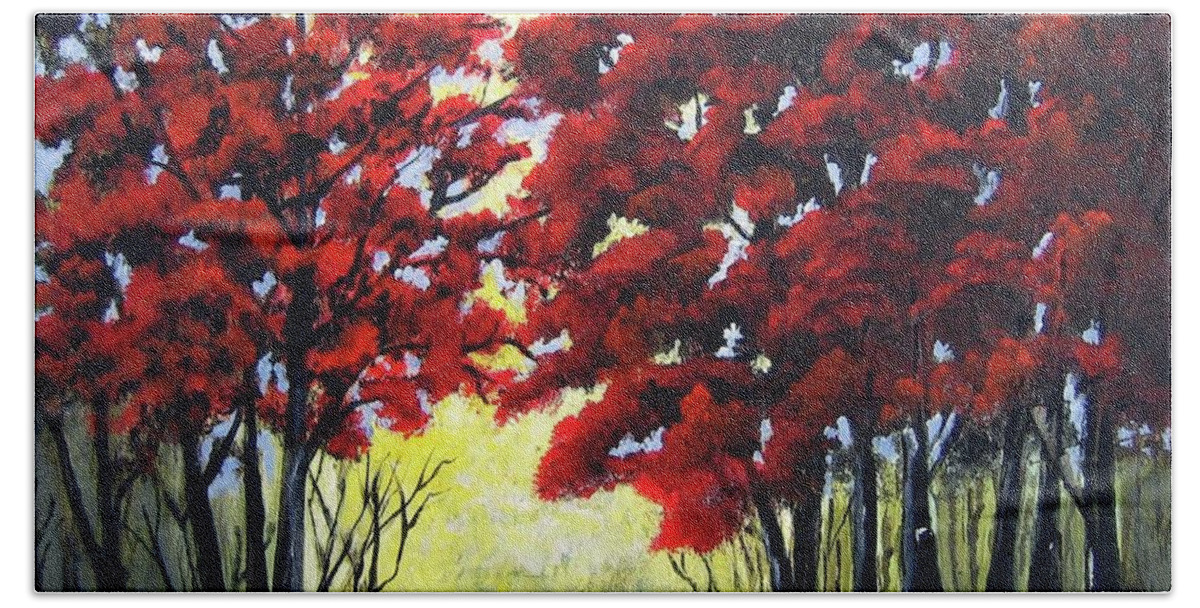 Trees Bath Towel featuring the painting Red Forest by Suzanne Theis