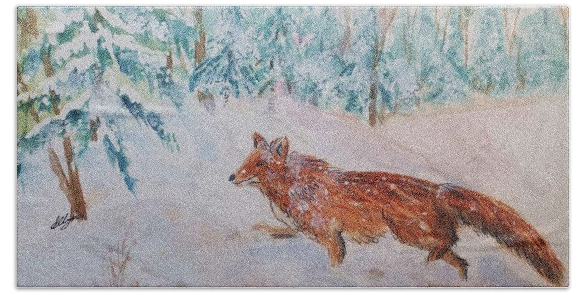Red Fox Bath Towel featuring the painting Red Fox - Winter Dawn 2 by Ellen Levinson