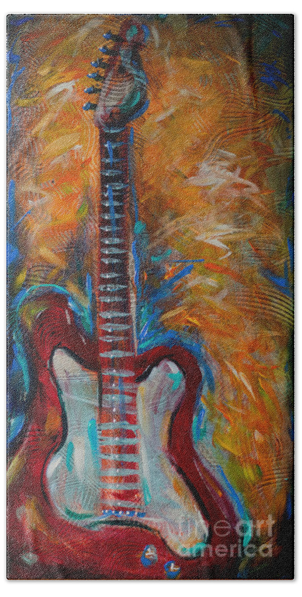 Guitar Hand Towel featuring the painting Red Guitar by Linda Olsen