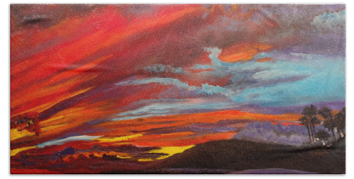 Sunset Hand Towel featuring the painting Red Hawaiian Sunset by Jenny Lee