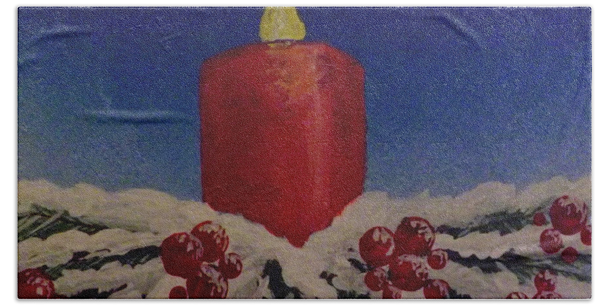 Red Holiday Candle Bath Towel featuring the painting Red Holiday Candle by Darren Robinson