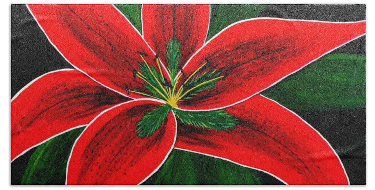 Red Oriental Lily Bath Towel featuring the painting Red Oriental Lily by Barbara A Griffin