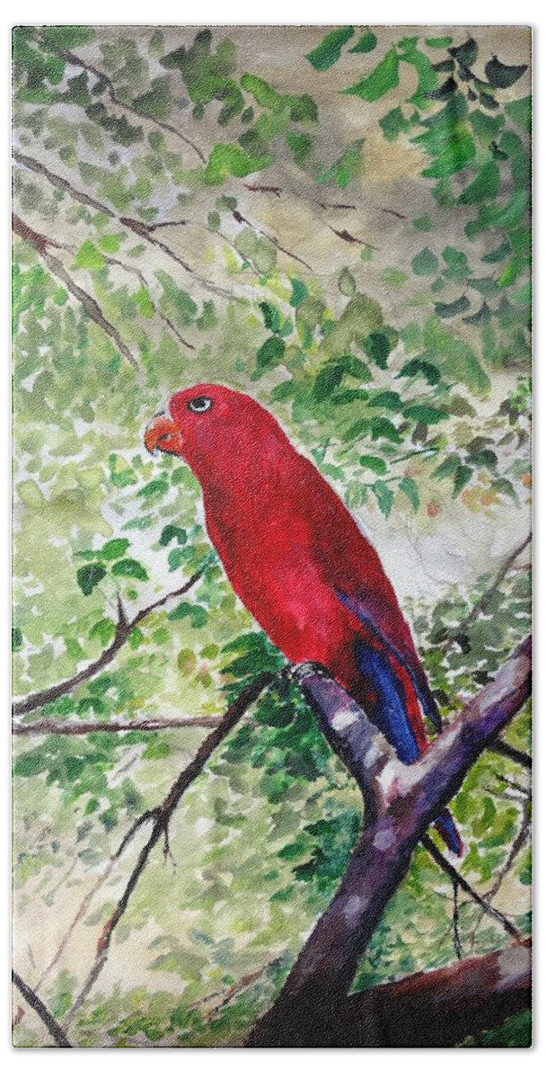 Bird Bath Towel featuring the painting Red Parrot of Papua by Jason Sentuf