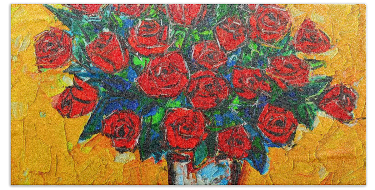 Roses Bath Towel featuring the painting Red Passion Roses by Ana Maria Edulescu