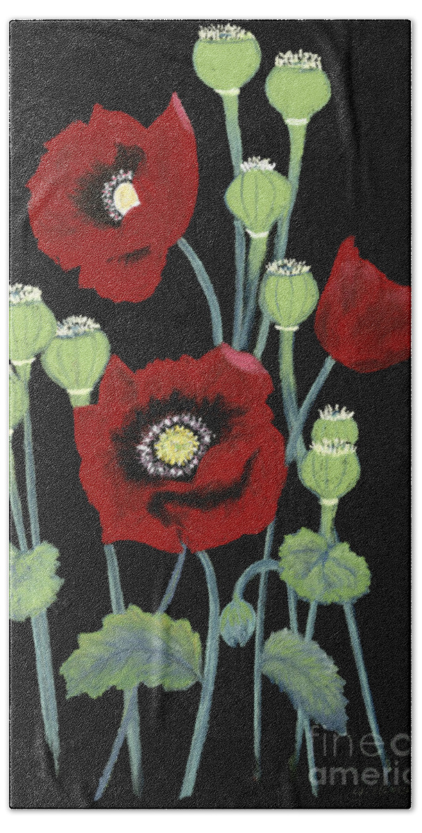 Poppies Hand Towel featuring the pastel Red Poppies on Black by Ginny Neece