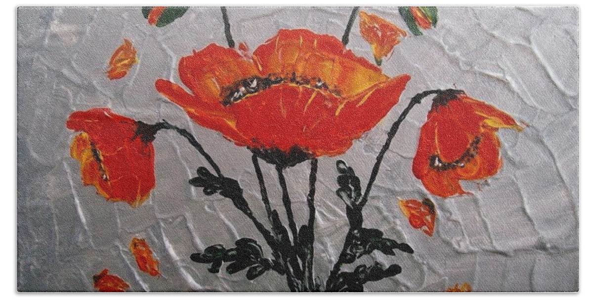 Red Poppies Bath Towel featuring the painting Red Poppies original palette knife by Georgeta Blanaru