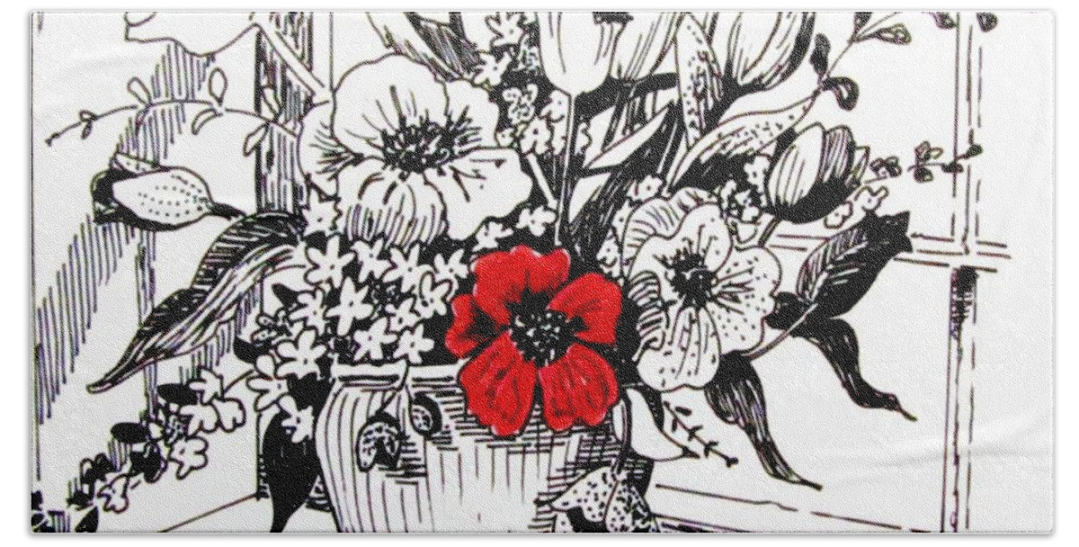 Still Life Bath Towel featuring the drawing Red Poppy by Marilyn Smith