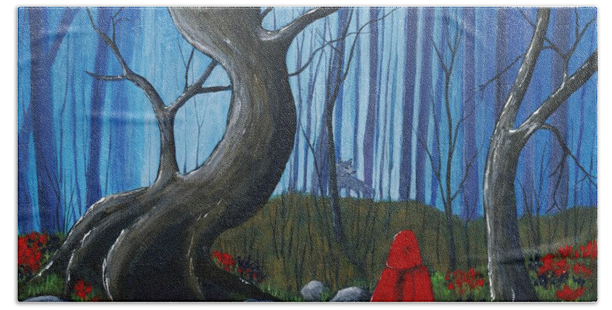 Red Bath Towel featuring the painting Red Riding Hood in the Forest by Anastasiya Malakhova