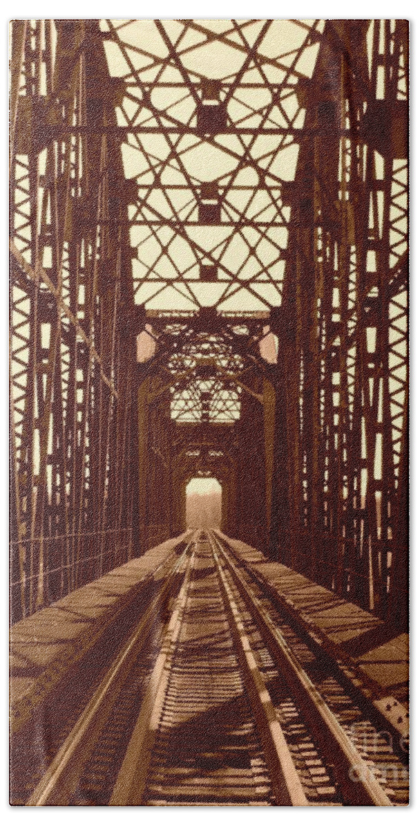 Bridge Bath Towel featuring the photograph Red River Train Bridge #1 by Robert ONeil
