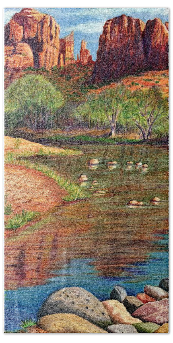 Red Rocks Bath Towel featuring the drawing Red Rock Crossing-Sedona by Marilyn Smith