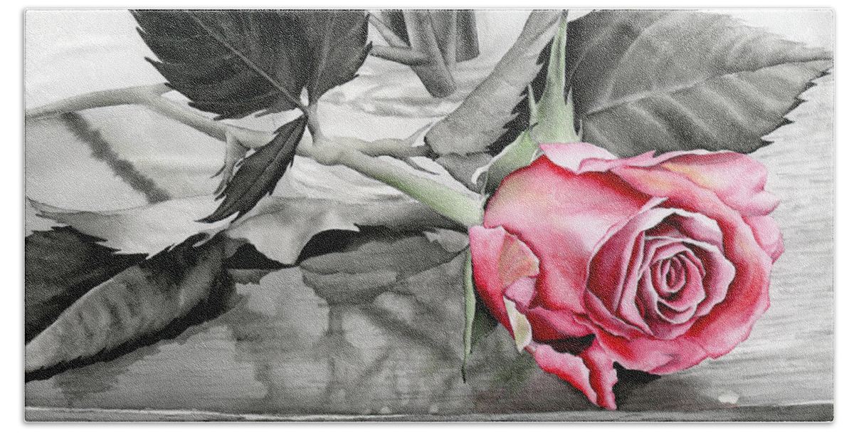 Rose Hand Towel featuring the painting Red Rosebud by Hailey E Herrera
