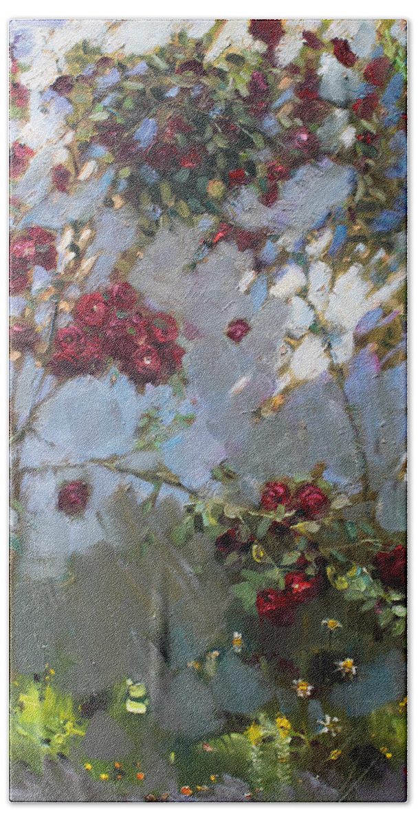 Red Roses Hand Towel featuring the painting Red Roses by Ylli Haruni