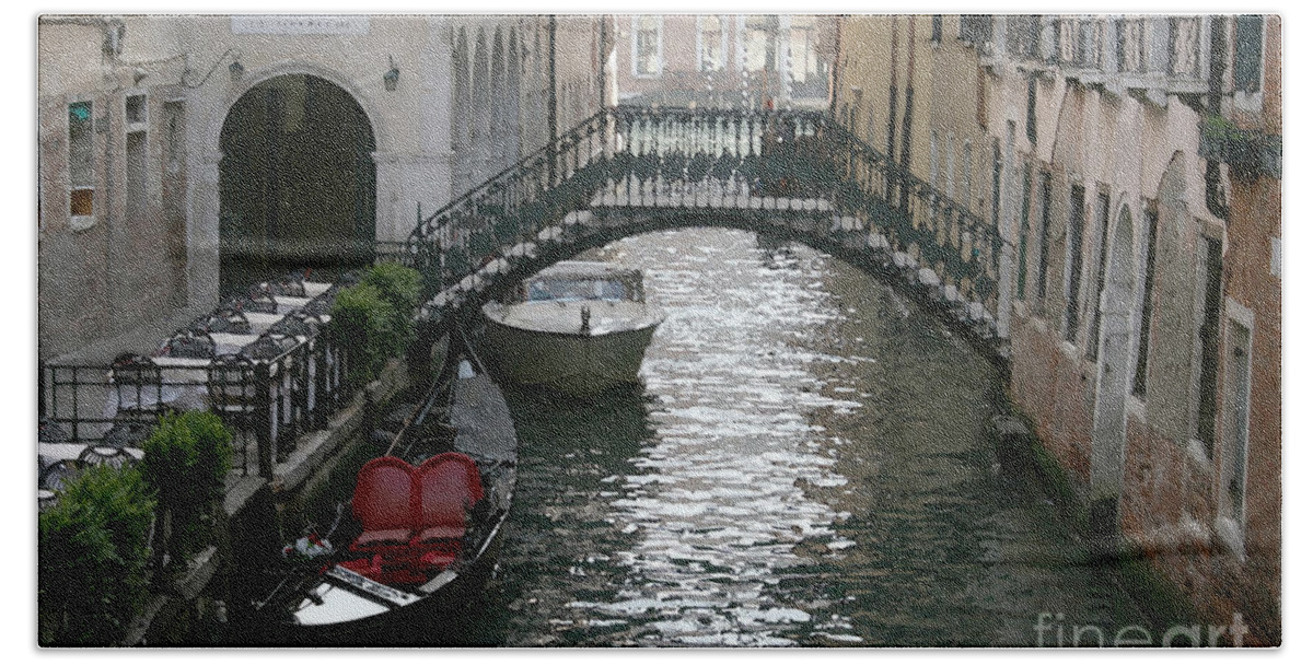 Venice Bath Towel featuring the mixed media Red Seat Gondola by Susanne Arens