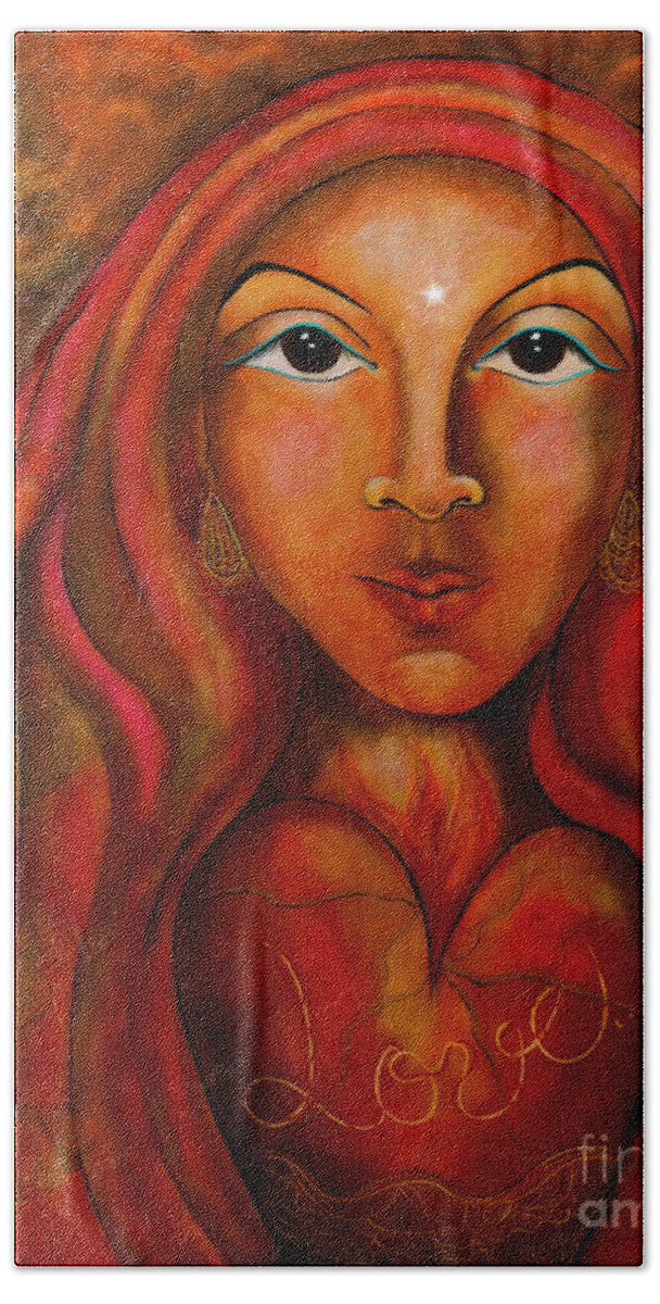 Red Thread Madonna Painting Hand Towel featuring the painting Red Thread Madonna by Deborha Kerr