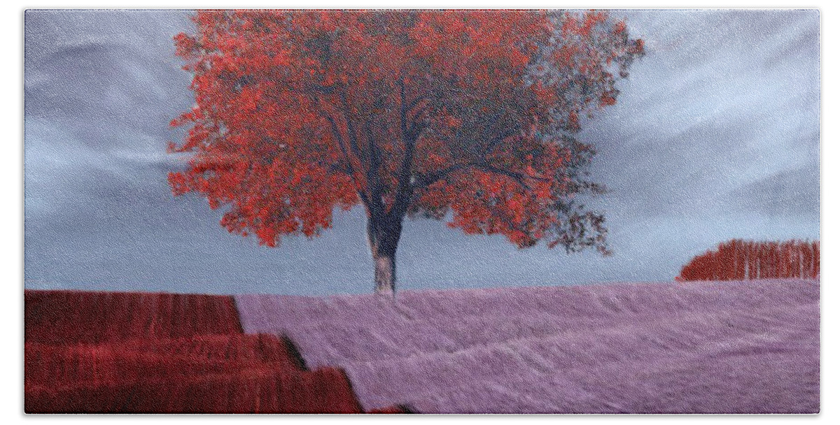 Red Bath Towel featuring the painting Red Tree in a Field by Bruce Nutting